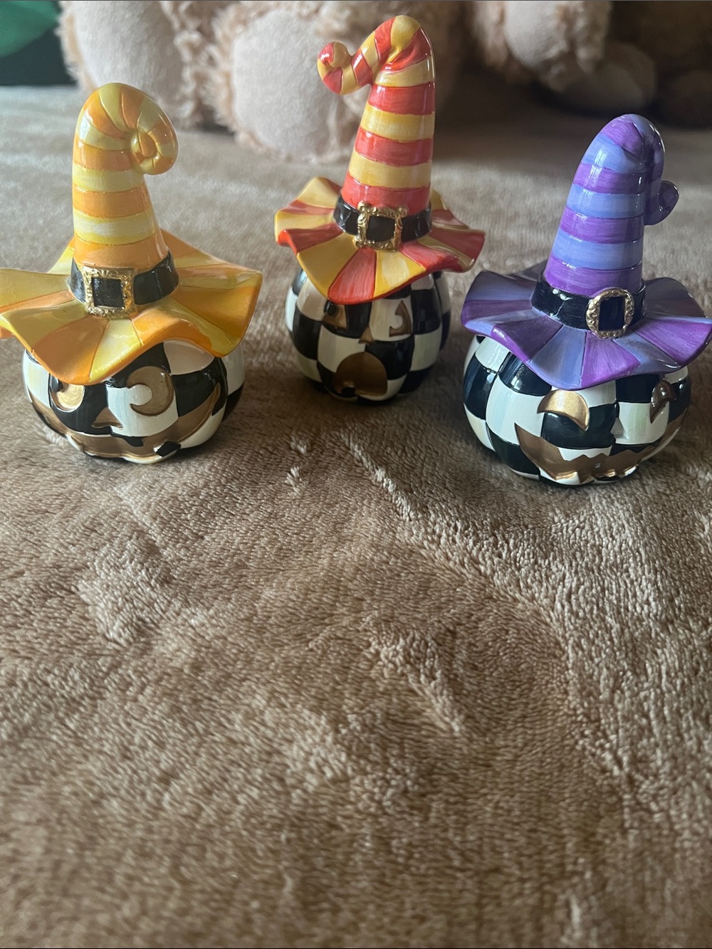 MacKenzie-Childs Striped Witch Hat Pumpkin Trio in Yellow, Orange, Purple